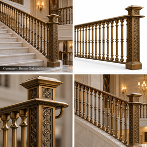Rampe en bronze géométrique avec poteaux de balustrade sculptés en diamant et balustres tournés, main courante et balustrade en métal - Product Image 5