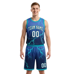 Ensemble short et maillot de basket imprimé éclairs pour homme, sans manches, col en V, bordure contrastante, uniforme de club personnalisé, nom de l'équipe, numéro du joueur - Product Image 1