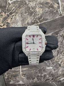Montre mécanique à quartz Iced Square, bracelet en acier inoxydable de 20 mm, verre saphir, affichage à aiguilles, montre-bracelet de luxe unisexe tendance - Product Image 1
