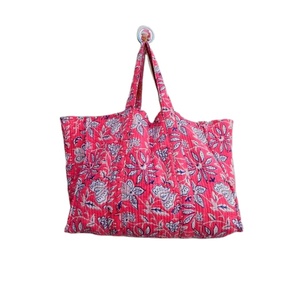 Fourre-tout en coton fait à la main avec bloc imprimé, sac à bandoulière matelassé en coton, sacs à provisions rose, vente en gros - Product Image 2