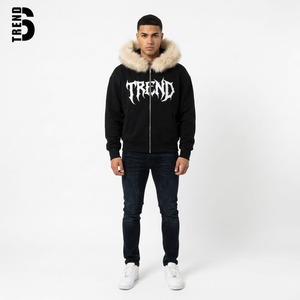 Sudadera con capucha negra personalizada para hombre, de tejido grueso, con cremallera, capucha de piel sintética, estampado gráfico gótico, estilo streetwear Y2K, corte holgado, de forro polar. - Product Image 4