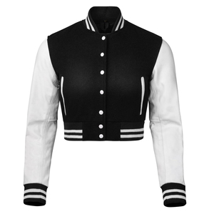 <b>Women's</b> Varsity <b>Jacket</b> Black <b>White</b> Wool Full Sleeve Stand Collar Button Closure Regular Length Winter Wear Heated Eco-Friendly - Product Image 1
