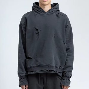 Sweat-shirt à capuche oversize court gris en molleton bouclette unisexe couleur unie avec poches effet délavé style automne - Product Image 2