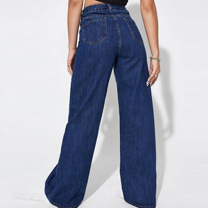 Jeans de mezclilla azul oscuro de cintura alta y pierna ancha para mujer, pantalones casuales de algodón de ajuste holgado de longitud completa con cierre de botones y patrón liso. - Product Image 4