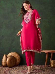 Women's Pink Kaftan Embroidered <b>Silk</b> <b>Kurta</b> Set With Trouser Traditional Loose Fit Knee Length Casual Wear India Pakistan Style - Product Image 1