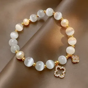 Pulsera de Cristal con Trébol de Cuatro Hojas para Mujer, Cadena de Mano Elástica con Cuentas de Perlas, Joyería, Regalo - Product Image 3
