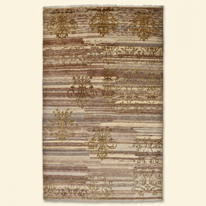 Alfombra de Lana Hecha a Mano Beige Marrón con Diseño Fresco Dorado, Textura Geométrica Desgastada, Ecológica, Antideslizante y de Pelo Grueso para Interiores - Product Image 1