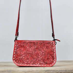 Bolso Bandolera Bohemio de Cuero Genuino Rojo Vintage para Mujer, con Estampado Floral, Correa Cruzada, Resistente al Agua y Antirrobo - Product Image 1