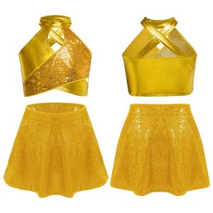 Traje de Baile de Salón para Niñas de 6 a 14 Años, Traje de Baile Latino de Jazz, Top Corto Metálico con Falda para Competencia de Baile - Product Image 2