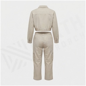 Ensemble pantalon cargo en coton beige 2 pièces pour femme avec col rabattu, manches longues, tenue décontractée de printemps, coupe régulière, couleur unie - Product Image 2