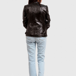 Chaqueta de Motociclista de Cuero Genuino Marrón para Mujer, Manga Larga, Cuello Camisero, Cierre de Cremallera, Estilo Otoñal - Product Image 2