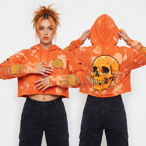 Sudadera corta con capucha para mujer, 350GSM, con efecto desgastado, naranja, con estampado gráfico de calavera fundida con efecto tie-dye y manga con recortes, estilo streetwear - Product Image 1