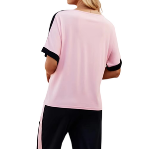 Women's Pink Black Color Block Tracksuit Short Sleeve Crew Neck Loose Fit Full Length <b>Pants</b> Side Pockets Elastic Waist Tracksuit - Product Image 4