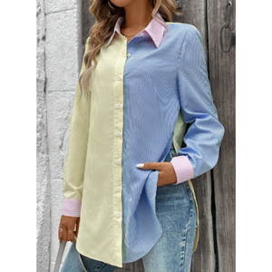 Blusa de Moda para Mujer con Cuello Alto, Estampado a Rayas en Contraste, Mangas con Volantes de Satén, Corte y Confección Tipo Smock, Camisa Casual de Oficina - Product Image 4