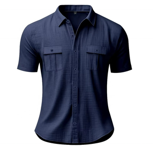 Chemise décontractée pour homme en coton et lin à manches longues, double poche, grande taille, motif uni satiné pour les vacances d'automne - Disponible en gros - Product Image 5