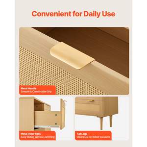 Modern 3-Drawer <b>Rattan</b> <b>Dresser</b> with Metal Handles and Wooden Legs Natural Closet Storage for Bedroom Living Room or Hallway - Product Image 6