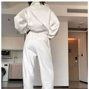 ชุดเซ็ตเสื้อสเวตเชิ้ตครึ่งซิปสีขาวสำหรับผู้หญิง กางเกงจ็อกเกอร์เอวยางยืด ทรงหลวม สีพื้น เรียบง่าย สวมใส่สบาย ระบายอากาศได้ดี ผ้าฝ้าย 100% เหมาะสำหรับฤดูใบไม้ผลิ - Product Image 5
