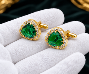 Boutons de manchette personnalisés en émeraude verte pour hommes, boutons de manchette en émeraude de laboratoire, bijoux plaqués or et argent, vente en gros - Product Image 3