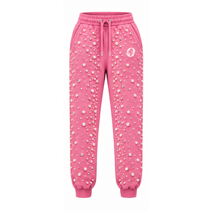 Pink Pearl Beaded Jogger Pants Women Fashion Embellished Drawstring Sweatpants Luxury Casual Streetwear <b>Fleece</b> <b>Trousers</b> Custom - Product Image 1