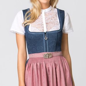 Women's Bavarian Style Dirndl <b>Dress</b> Midi Length A-Line With Belt Short Sleeve Vintage Folk Costume Denim Pink Blue Contrast - Product Image 4