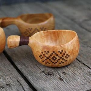 Handmade Wooden Coffee Bowl Kuksa Cup Traditional <b>Leather</b> On Handle Design Scandinavian Drinking Mug Natural Wood Tableware - Product Image 6