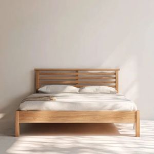 Modern Teak Wood <b>Bed</b> <b>Frame</b> Minimalist <b>Platform</b> <b>Bed</b> with Slatted Headboard - Product Image 1