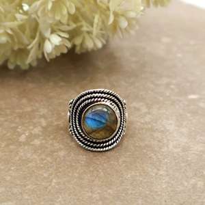 SHYAM JEWELRS Brass Natural Labradorite Bezel <b>Set</b> Handcrafted Vintage Bohemian Triple Rope Border Statement <b>Ring</b> Unisex - Product Image 1