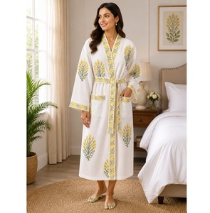 Printed Cotton <b>Kimono</b> Bathrobe <b>Long</b> Sleeve Waffle Terry <b>Robe</b> for Hotel Spa Resort Home Lounge Soft Comfortable Bath Wear - Product Image 1