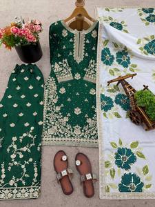 Ensemble Salwar en coton vert brodé avec dupatta fleuri, tenue traditionnelle indienne et pakistanaise pour femme, décontracté, longueur cheville, coupe classique - Product Image 4