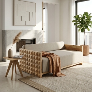 Dice Double <b>Sofa</b> Modern <b>Wooden</b> Two Seater Couch With 3D Geometric Carved Armrest Luxury Minimalist Home Living Room Furniture - Product Image 5
