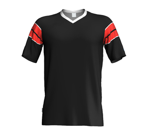 Camiseta de Fútbol Unisex con Cuello en V, Negra con Rayas Rojas en las Mangas, 100% Poliéster, Corte Regular, Manga Corta, para Invierno/Todo Tipo de Clima - Product Image 1