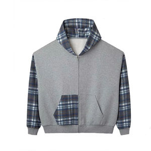 Men's Gray Plaid Patchwork Pullover Hoodie Casual Sweatshirt Oversized Fit Winter Eco-Friendly Acid Wash Hooded Breathable - Product Image 1