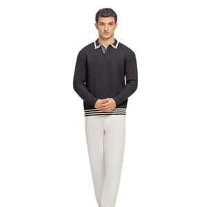 Suéter de Punto Negro Oscuro para Hombre, Manga Larga, Cuello Polo, Puños Acanalados, Estilo Casual, Personalizable con Logotipo, Fabricante OEM, Venta al Por Mayor - Product Image 3