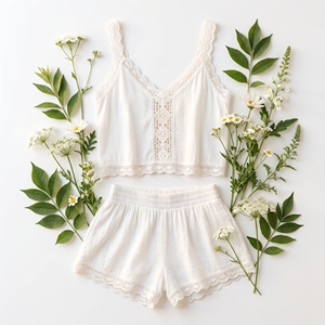 2025 Women <b>Boho</b> Natural Yoga Set All <b>White</b> Lace Trim Tank <b>Top</b> High Waist Flowy Shorts Breathable Cotton Modal Activewear - Product Image 3