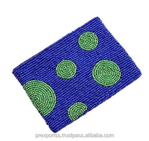 Monedero Artesanal Pequeño con Cierre, Ecológico, Resistente al Agua, Azul con Cuentas, Bordado con Puntos Verdes, Grande - Product Image 1