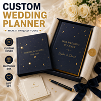Carnet de planification de mariage personnalisé LABON, thème bleu nuit céleste, bords dorés à la feuille d'or, organisateur de mariage professionnel