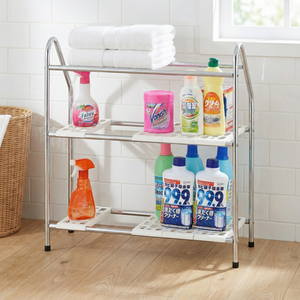 Étagères de salle de bain modernes à coins carrés, organisateur sous l'évier à deux niveaux en métal, accessoires avec installation autonome - Product Image 1