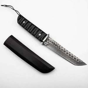Handcrafted Fixed Blade Hammered Damascus Steel Utility <b>Knife</b> Industrial Grade OEM <b>Carved</b> Ebony Handle Steel Guard Wooden Sheath - Product Image 5