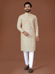 Kurta Tradicional de Algodón Premium para Hombre, Sin Arrugas, con Bordado Lucknowi y Estampado Digital, para Bodas y Festividades Diwali - Product Image 3