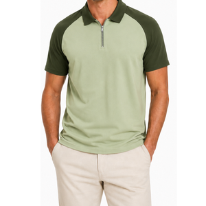Top selling Men's Sage Green and Olive Green Quarter <b>Zip</b> <b>Polo</b> Shirt Color Block Raglan Sleeve Custom Logo Golf Shirts - Product Image 1