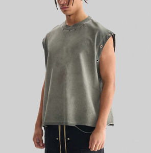 Camiseta sin mangas para hombre con ojales, 100% algodón lavado, cuello redondo, estilo moderno para verano, fabricante y proveedor mayorista OEM - Product Image 3