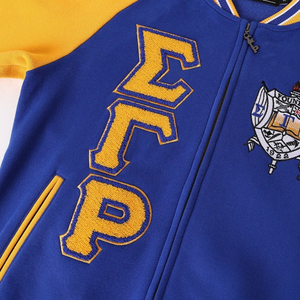 เสื้อแจ็คเก็ตฟลีซพรีเมียมสีน้ำเงิน Sigma Gamma Rho สไตล์ Letterman แบบซิป  คอและปลายแขนเสื้อแบบริบ  ปักลายแบบกำหนดเองได้ - Product Image 6