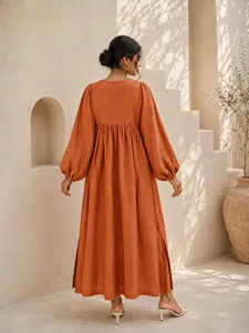 Bohemian Plain Orange V-Neck Maxi <b>Dress</b> with Full Sleeve <b>Loose</b> Fit Solid Color Summer Casual 100% Cotton Eco-Friendly for Women - Product Image 4