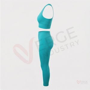 Ensemble de yoga sans couture pour femme, 2 pièces, couleur turquoise, haut court dos nageur et leggings taille haute pleine longueur, tenue de sport unie - Product Image 3