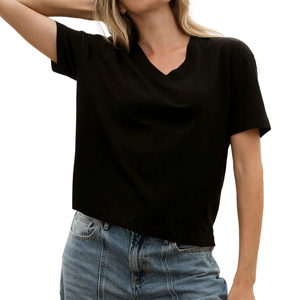 T-shirt décontracté pour femme, col en V court, couleurs personnalisables, polyester/coton, prix de gros, doux et respirant de qualité supérieure - Product Image 4