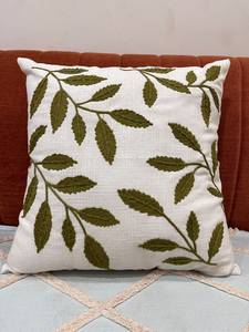 Hand-Embroidered Botanical Olive Green Leaf Pattern Square Cotton Bohemian Anti-Dust Mite Home <b>Cushion</b> <b>Cover</b> - Product Image 1
