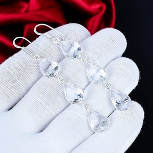 White Topaz Pear Cut 925 Sterling <b>Silver</b> <b>Long</b> Dangle <b>Earrings</b> Handmade Gemstone Jewelry - Product Image 1