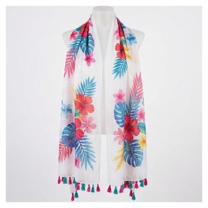 Pañuelo de Gasa con Estampado Tropical para Mujer, Borde con Borlas Largas, Accesorio Casual de Verano - Product Image 1