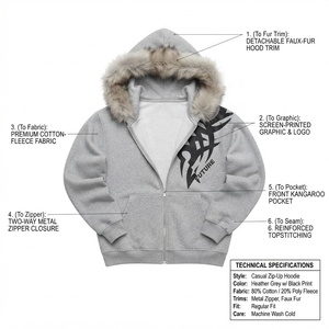 Sweat-shirt gris à capuche zippé pour homme avec capuche en fausse fourrure et poche avant, motif imprimé, vêtement décontracté pour l'hiver - Product Image 5