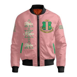 Blouson bomber rose Alpha Aka avec lettres grecques et motif de blason, veste unisexe décontractée à fermeture éclair, coupe-vent - Product Image 2